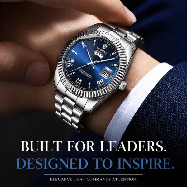 BINBOND B0733 Men’s Luxury Watch | Roman Dial, Quartz Movement, Stainless Steel Case, Date Display & Luminous Design BLUE