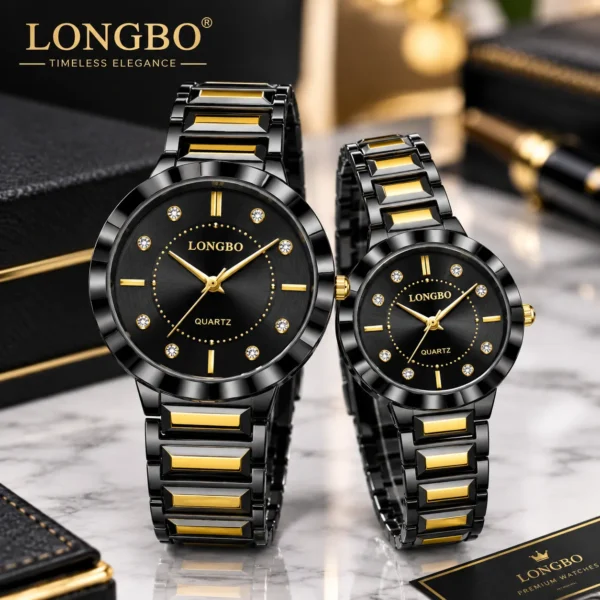 LONGBO 83625 Luxury Couple Watch for Men & Women – Stainless Steel Quartz Watch with Unique Dial, 3BAR Water Resistance & Luminous Hands BLACK & GOLDEN