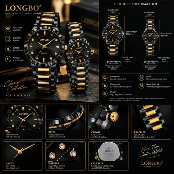 LONGBO 83625 Luxury Couple Watch for Men & Women – Stainless Steel Quartz Watch with Unique Dial, 3BAR Water Resistance & Luminous Hands BLACK & GOLDEN