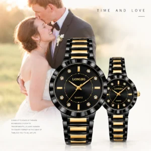 LONGBO 83625 Luxury Couple Watch for Men & Women – Stainless Steel Quartz Watch with Unique Dial, 3BAR Water Resistance & Luminous Hands BLACK & GOLDEN