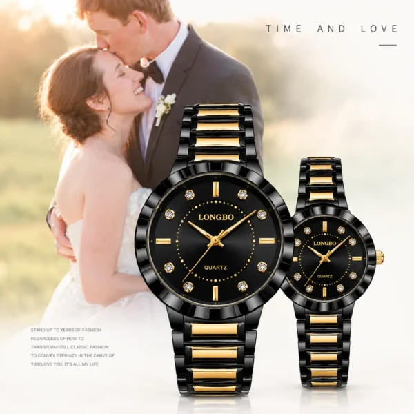 LONGBO 83625 Luxury Couple Watch for Men & Women – Stainless Steel Quartz Watch with Unique Dial, 3BAR Water Resistance & Luminous Hands BLACK & GOLDEN