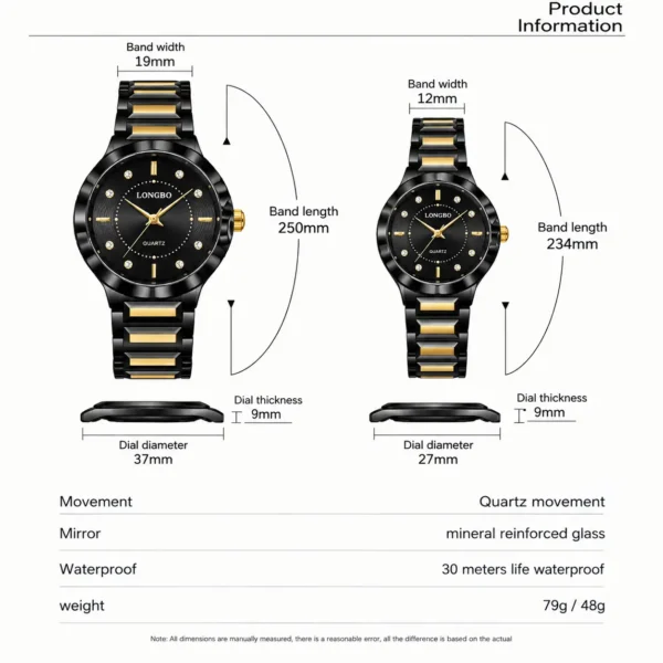 LONGBO 83625 Luxury Couple Watch for Men & Women – Stainless Steel Quartz Watch with Unique Dial, 3BAR Water Resistance & Luminous Hands BLACK & GOLDEN