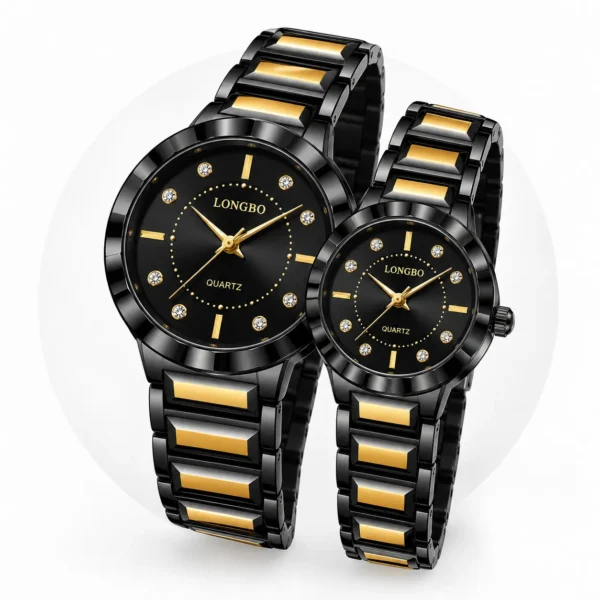 LONGBO 83625 Luxury Couple Watch for Men & Women – Stainless Steel Quartz Watch with Unique Dial, 3BAR Water Resistance & Luminous Hands BLACK & GOLDEN